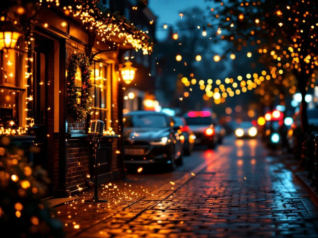 Karaoke bar op Amsterdam Zeedijk 's nachts met zwevende microfoons, gloeiende muzieknoten en verlichte grachtenhuizen