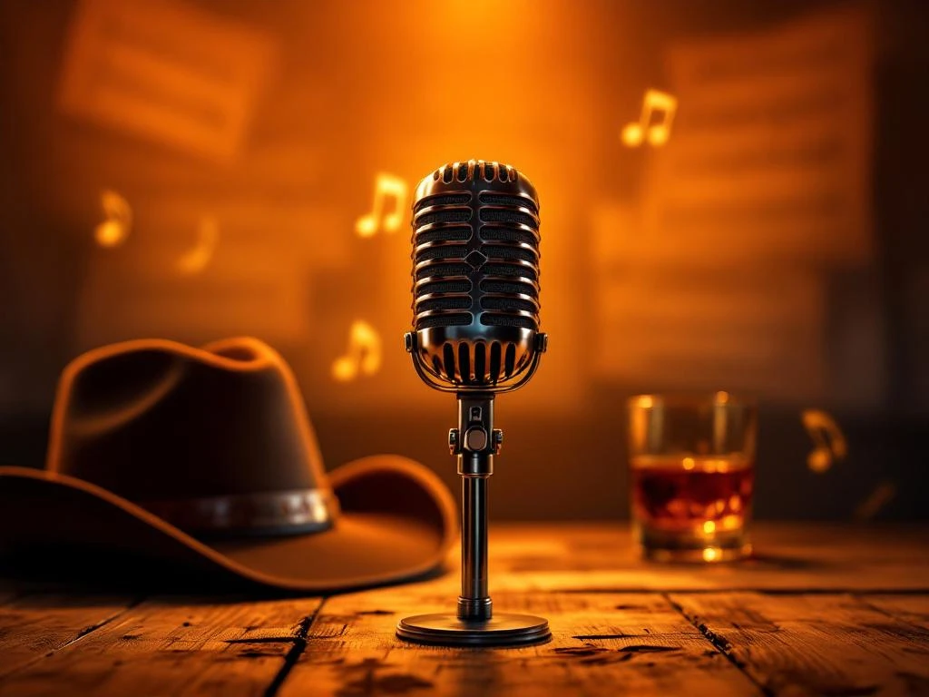 Vintage microfoon op podium met cowboyhoed en whisky op houten bar, warme verlichting in karaokebar