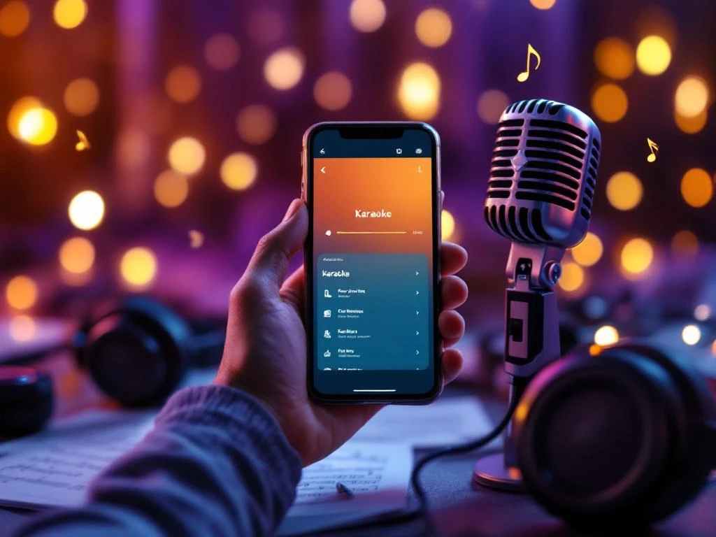 Handen met smartphone met karaoke-app en vintage microfoon op voorgrond met gouden podiumverlichting op achtergrond