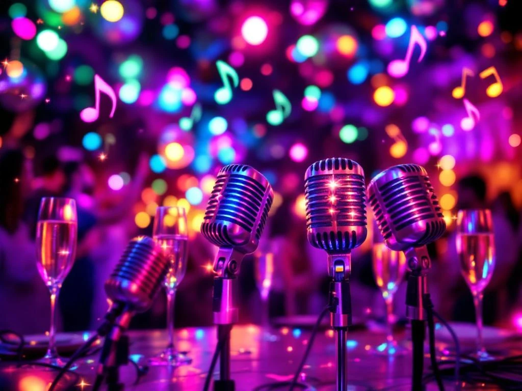 Kleurrijke karaoke microfoons met neonverlichting en champagne glazen in een feestelijke nachtclub sfeer