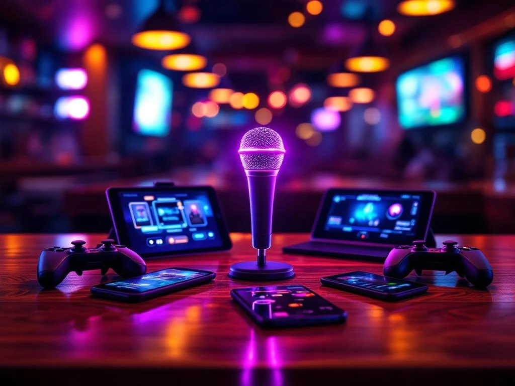 Karaoke-opstelling met verlichte microfoon, gaming controllers en smartphones op houten bar met neon verlichting