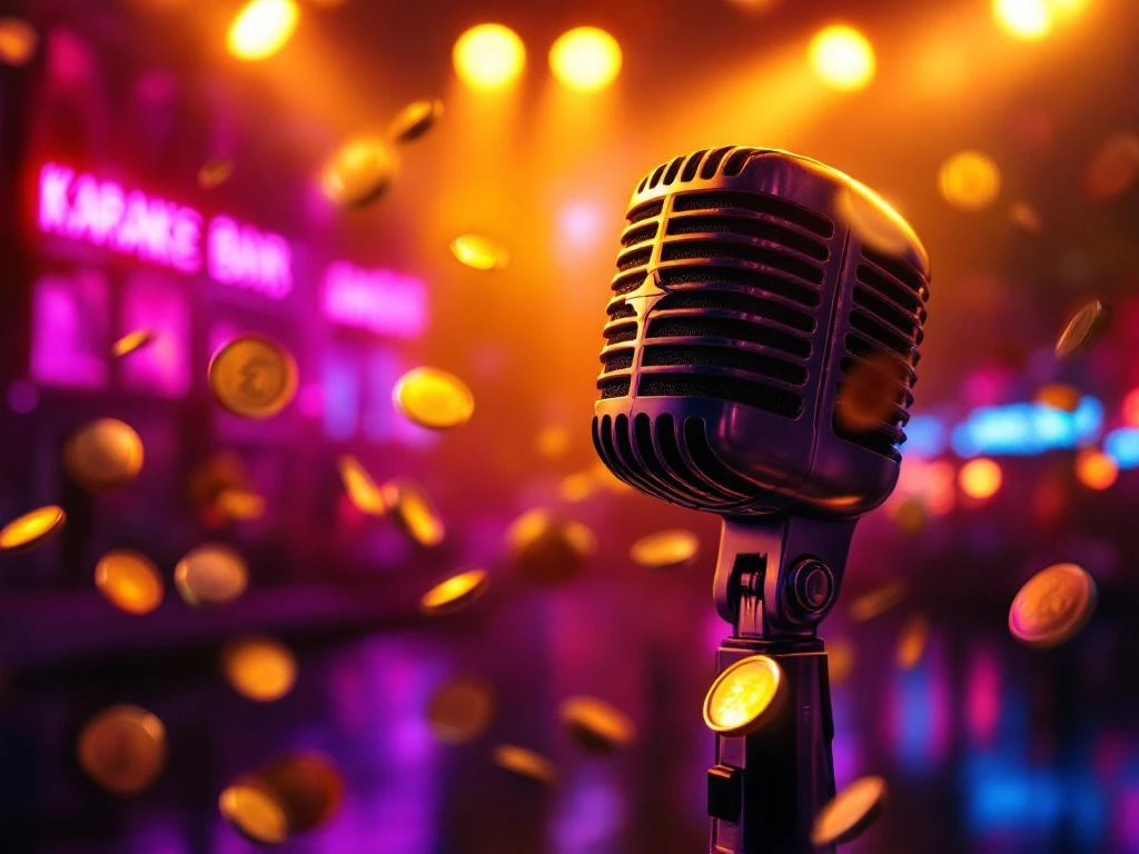 Vintage microfoon met zwevende eurobiljetten en munten, Amsterdam kanalenhuizen en neon karaoke borden op achtergrond