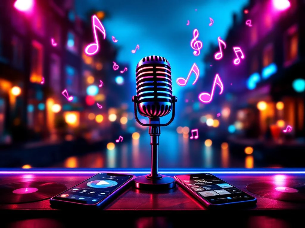 Karaoke microfoon met neon verlichting, smartphones met liedjes, cocktails en Amsterdamse grachtenhuizen op achtergrond