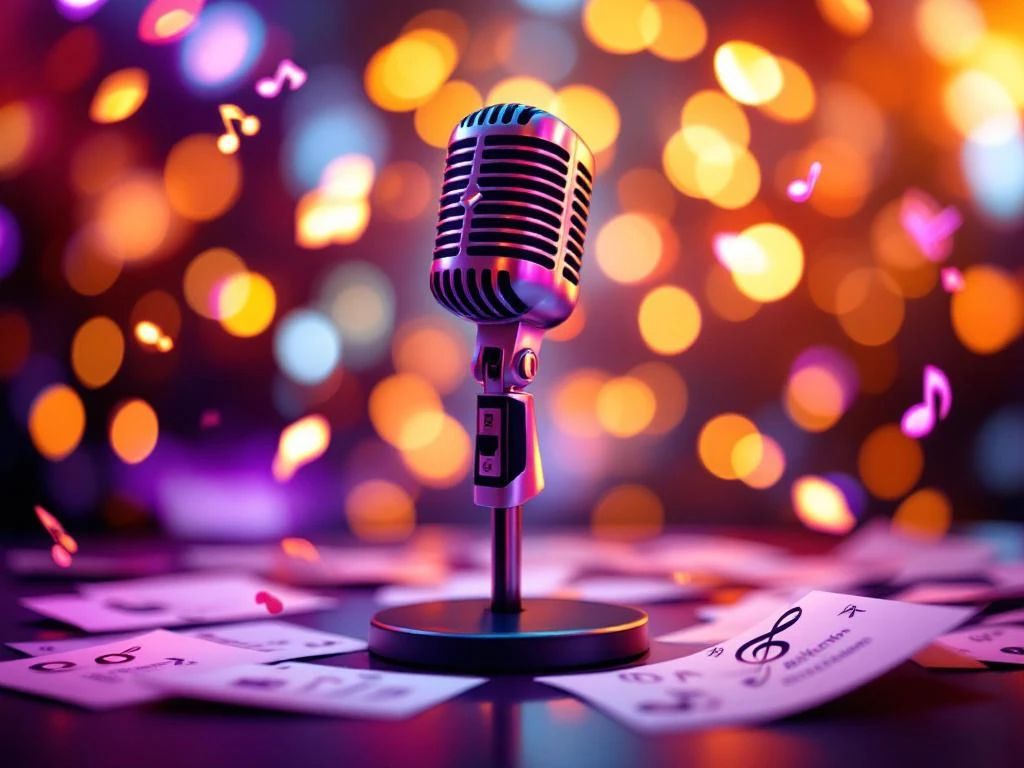 Karaoke microfoon met muzieknoten en kleurrijke podiumverlichting, omringd door liedkeuzekaarten voor feesten