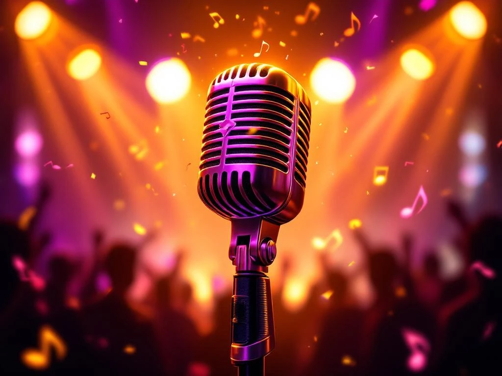 Karaoke microfoon op podium met kleurrijke muzieknoten en Amsterdam nachtleven achtergrond tijdens feestelijke zangavond
