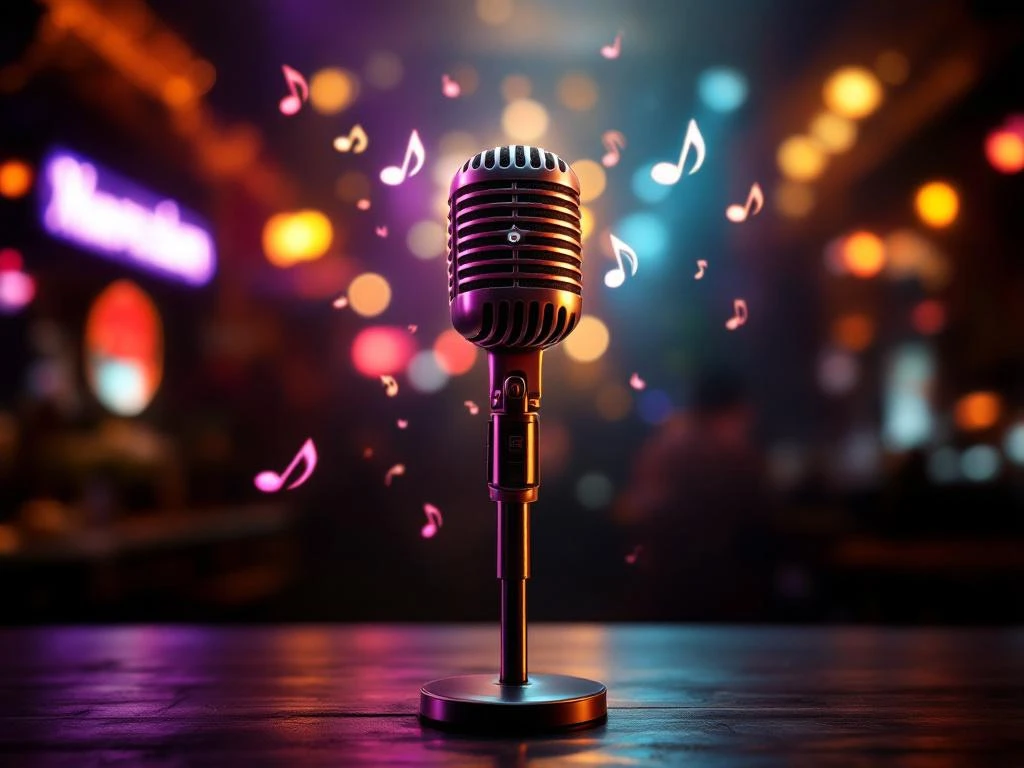 Karaoke microfoon onder warme podiumverlichting met Amsterdam nachtleven achtergrond en zwevende muzieknoten