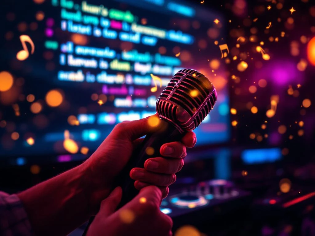 Handen houden vintage microfoon vast in warm podiumlicht met wazig karaoke scherm en gouden muzieknoten op achtergrond