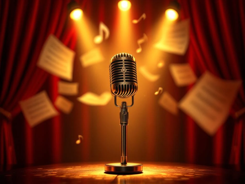 Professionele karaoke microfoon op podium met gouden spotlights, Italiaanse kleuren en zwevende muzieknoten in nachtclub
