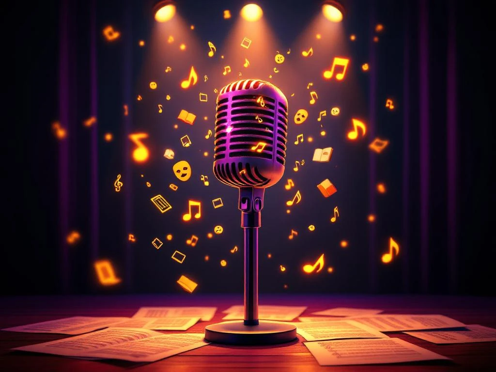 Karaoke microfoon op podium met zwevende muzieknoten vol verhaaliconen, omgeven door warm paars en amber licht