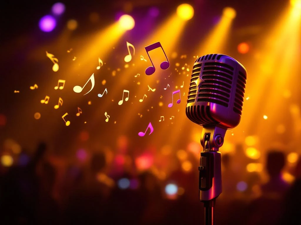 Karaoke microfoon met gouden podiumverlichting en muzieknoten in Amsterdamse nachtclub sfeer