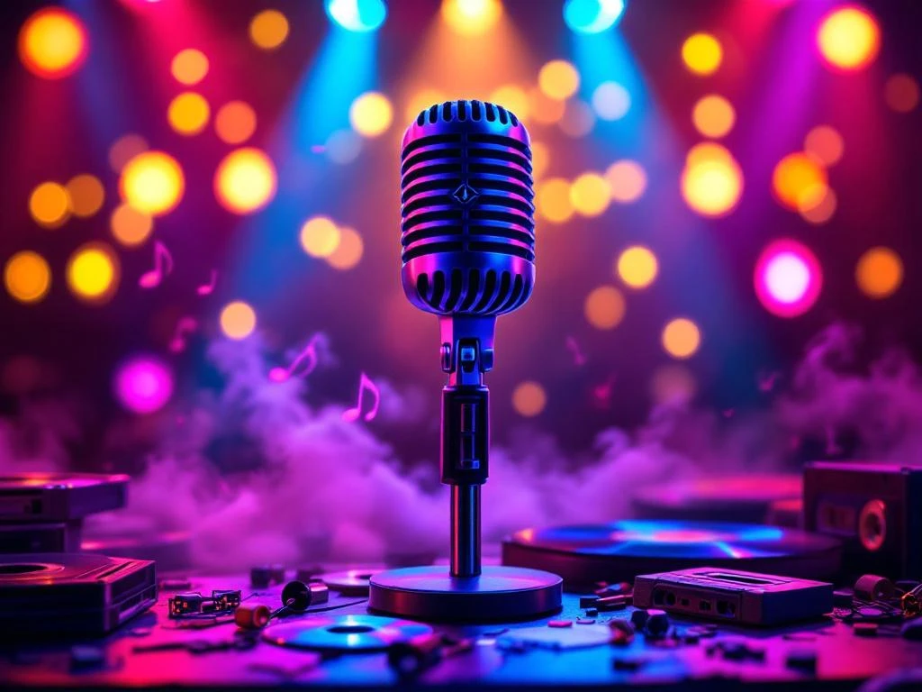 Karaoke microfoon op podium met neon verlichting, muzieknoten en vintage platen in Amsterdam nachtclub sfeer