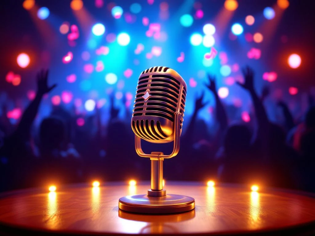 Vintage microfoon op verlicht podium met neon muzieknoten en juichende handen tijdens karaoke-avond