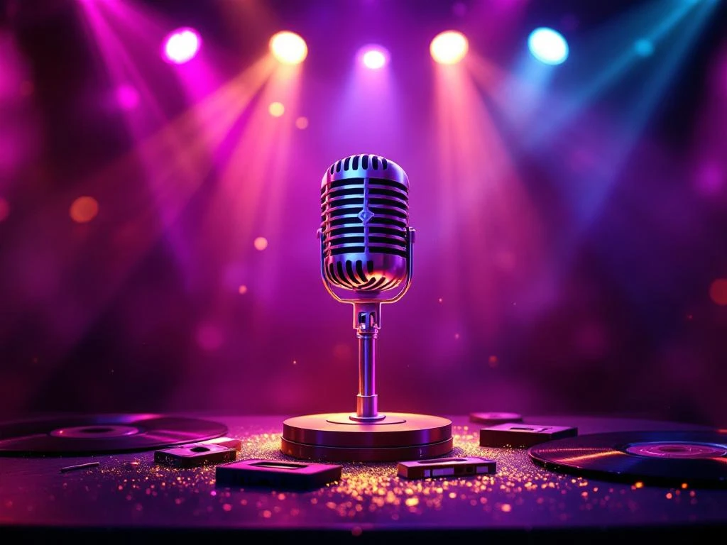 Karaoke microfoon op podium met neon 80s verlichting, vinylplaten en cassettebandjes, disco bal reflecties