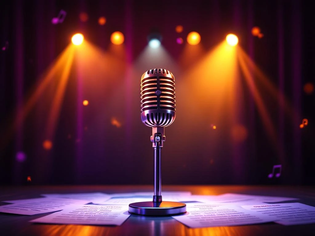 Karaoke microfoon op podium met dramatische spotlights, kleurrijke bokeh-effecten en bladmuziek op donkere achtergrond