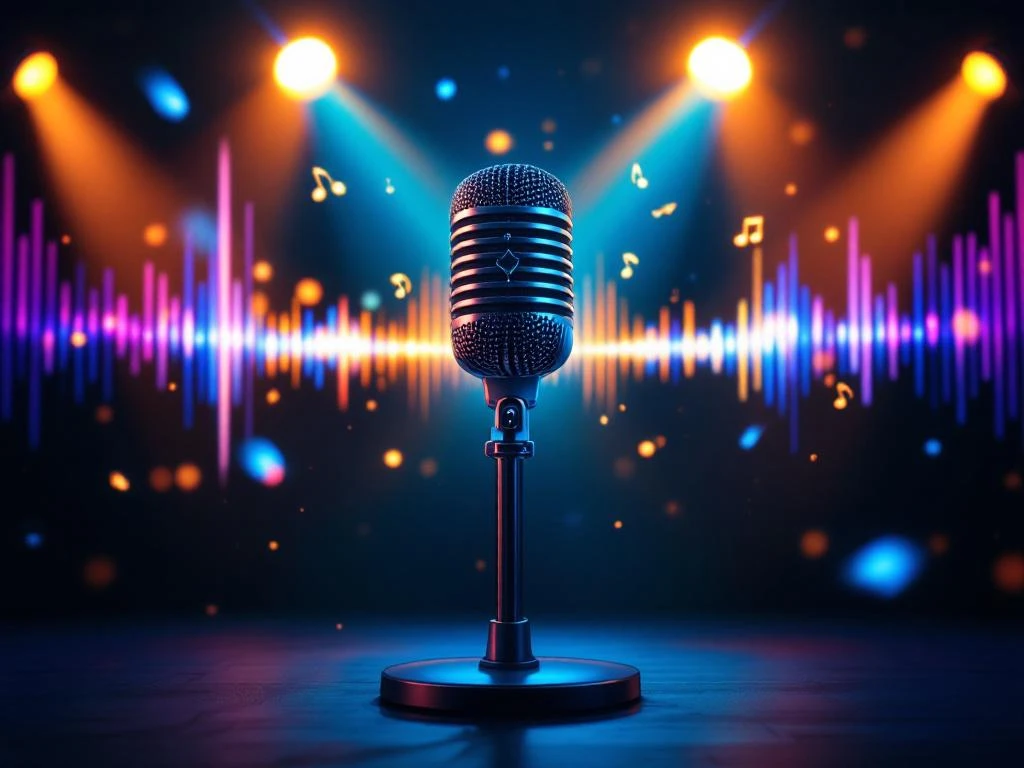Karaoke microfoon met kleurrijke geluidsgolven en muzieknoten tegen donkere achtergrond met podiumverlichting