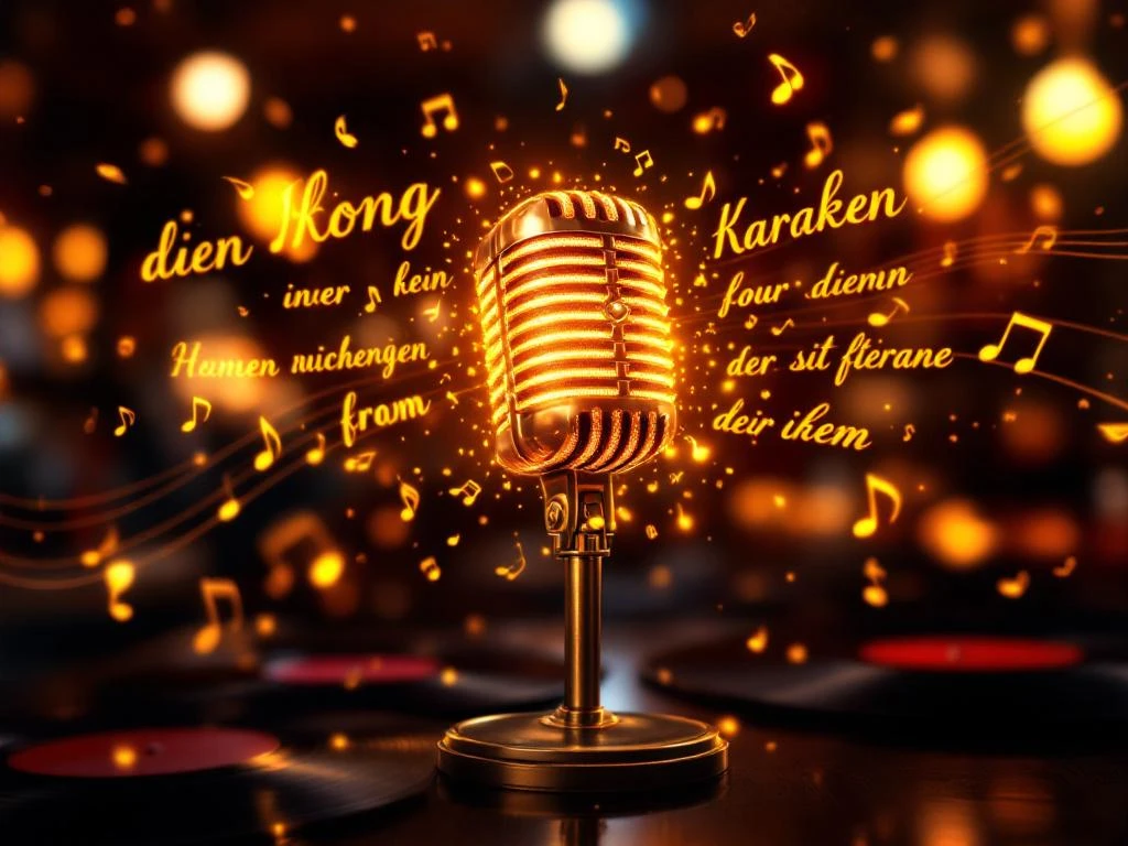Vintage microfoon met Duitse songteksten en muzieknoten in warme karaokebar met amber verlichting en vinyl platen