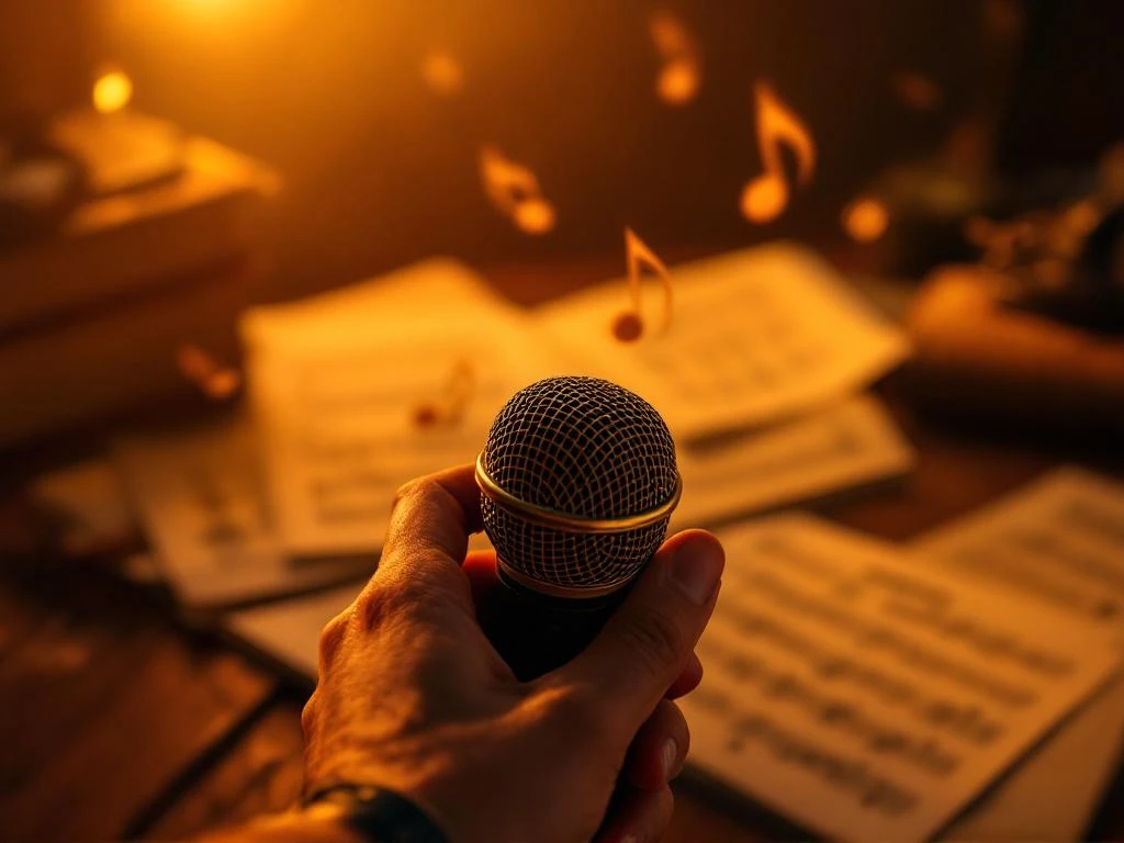 Handen houden vintage microfoon vast met bladmuziek op houten tafel, warme gouden podiumverlichting voor karaoke