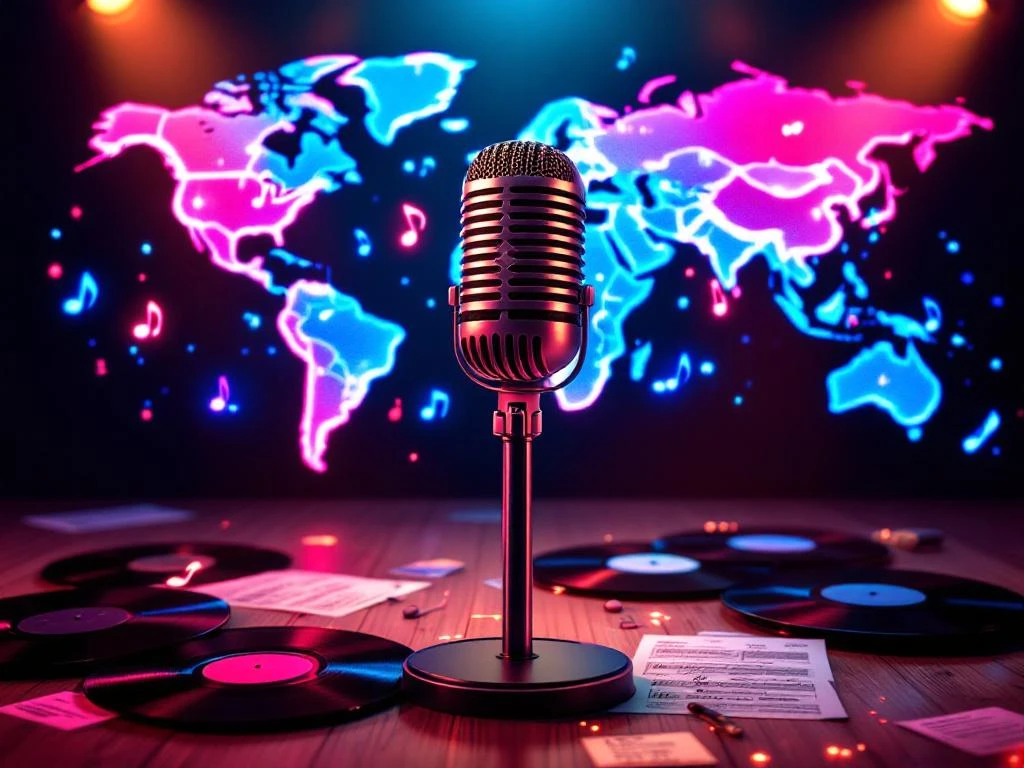 Karaoke microfoon omringd door neon muzieknoten en wereldkaart met verbindingslijnen tussen steden