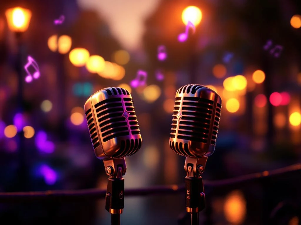 Twee vintage microfoons op karaoke podium met gouden verlichting en Amsterdam grachtenhuizen op achtergrond