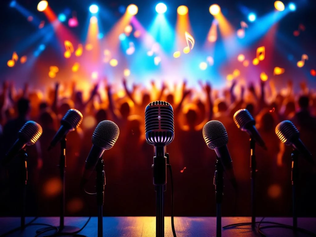 Microfoons op karaoke podium met kleurrijke verlichting en silhouetten van publiek met opgeheven armen in de achtergrond