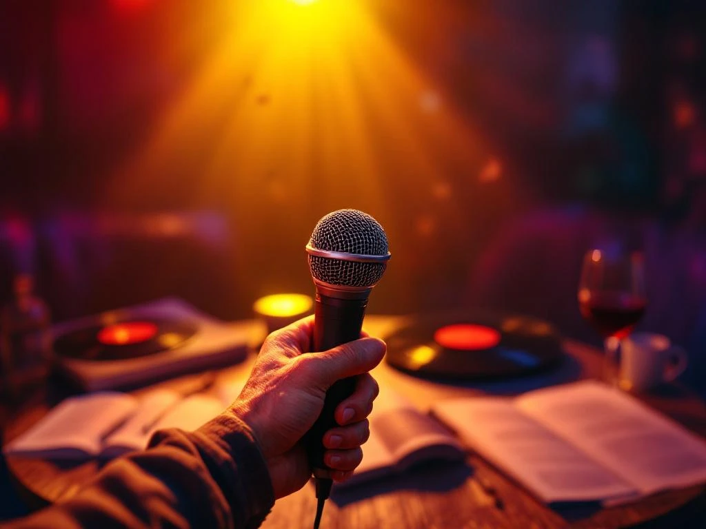 Oudere handen houden vintage microfoon vast op karaoke podium met warme verlichting en vinyl platen op achtergrond