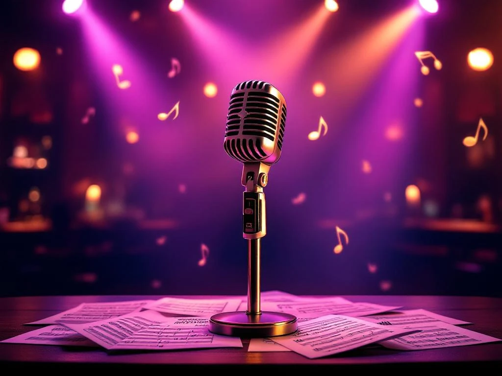 Karaoke microfoon op podium met muzieknoten, theaterspots en gouden verlichting in Amsterdamse bar