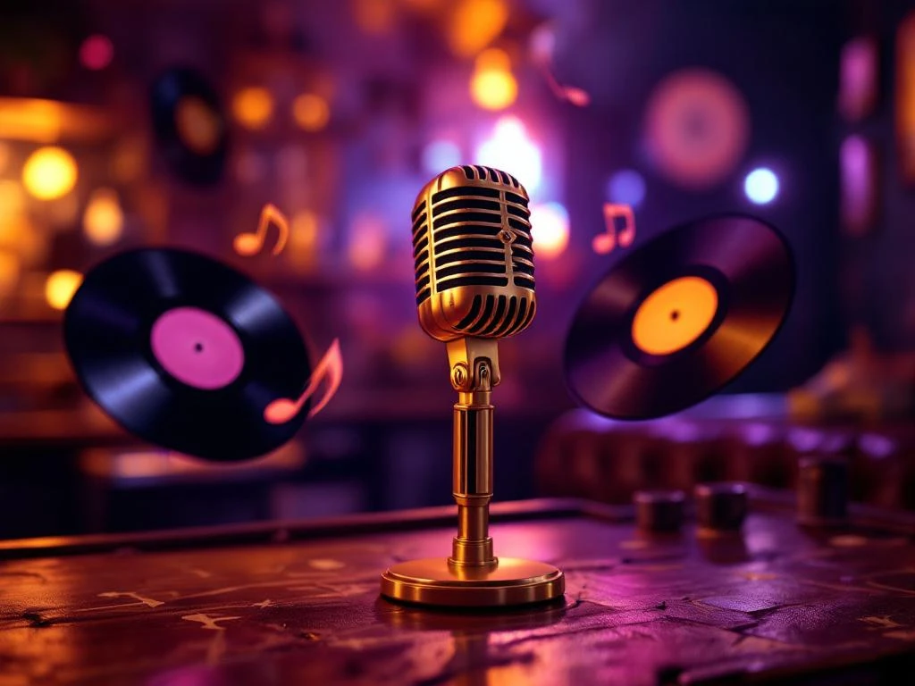 Vintage gouden microfoon omringd door zwevende muzieknoten en vinylplaten in Amsterdam karaoke bar met warme verlichting