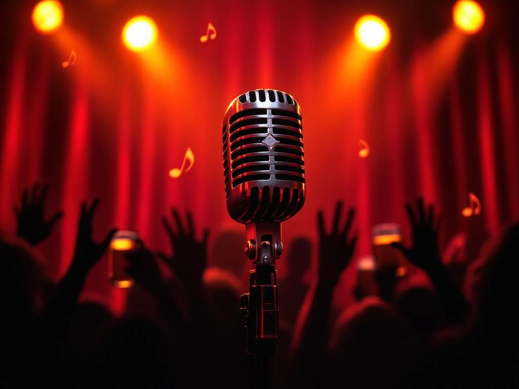 Vintage microfoon op podium met gouden spotlights, publiek met geheven handen op achtergrond in karaoke bar