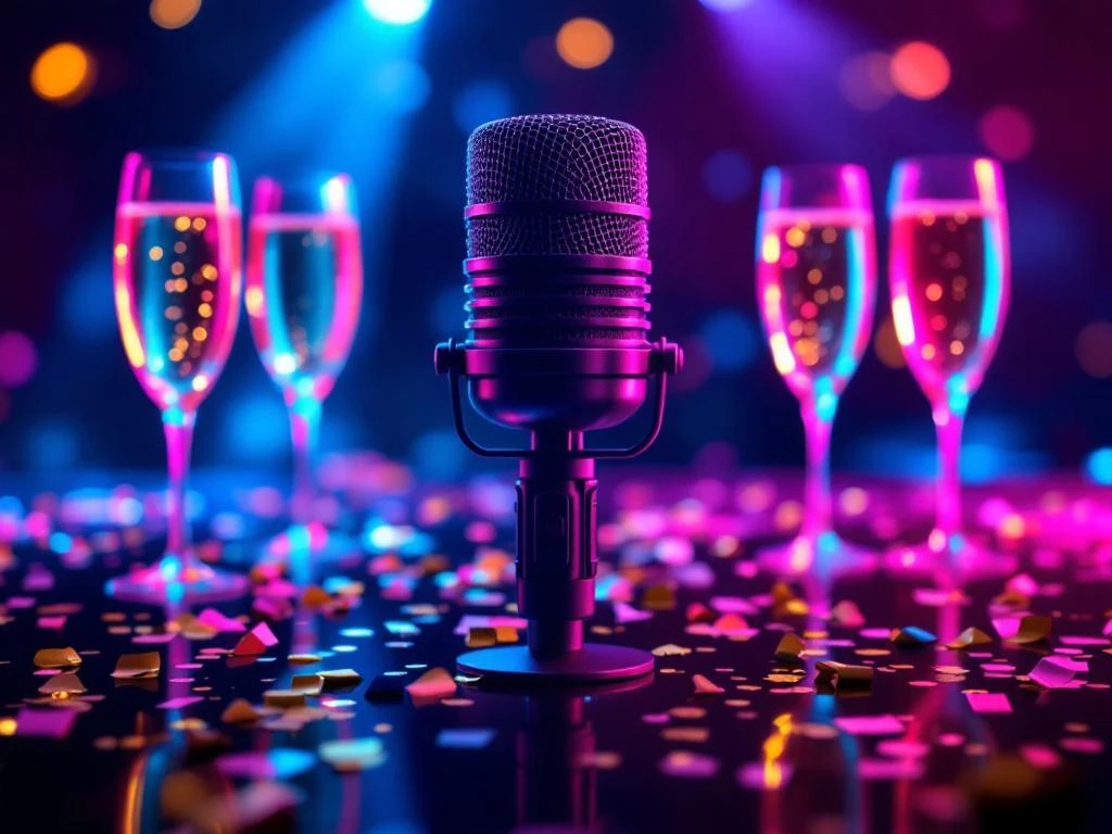 Karaoke microfoon met neon verlichting, champagneglazen en confetti voor vrijgezellenfeest in Amsterdam