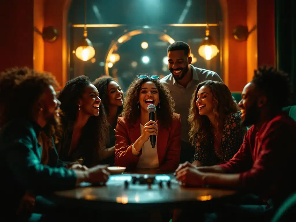 Diverse collega's rond karaoke machine in luxe lounge, één persoon zingt met microfoon terwijl anderen lachen en genieten