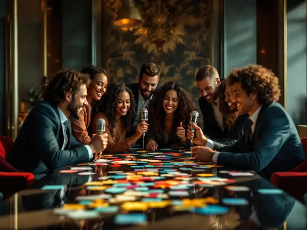 Zakelijk team rond vergadertafel met vintage microfoons en puzzelstukken tijdens teambuilding activiteit