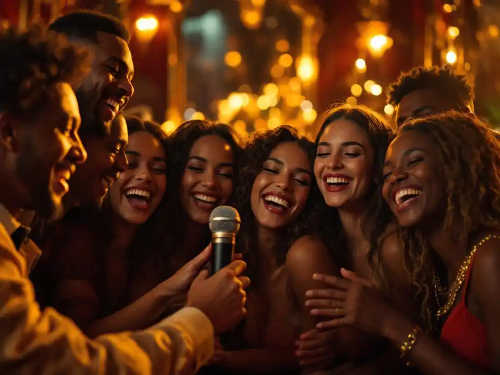 Diverse collega's lachen samen rond karaoke microfoon in elegant restaurant met warme verlichting en fluwelen stoelen