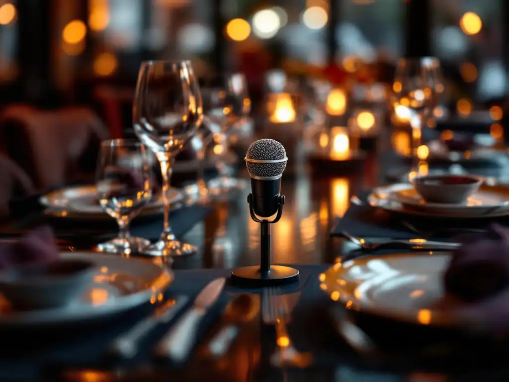 Microfoon op elegante corporate dinertafel met glaswerk en moderne tafelschikking in warm gouden licht