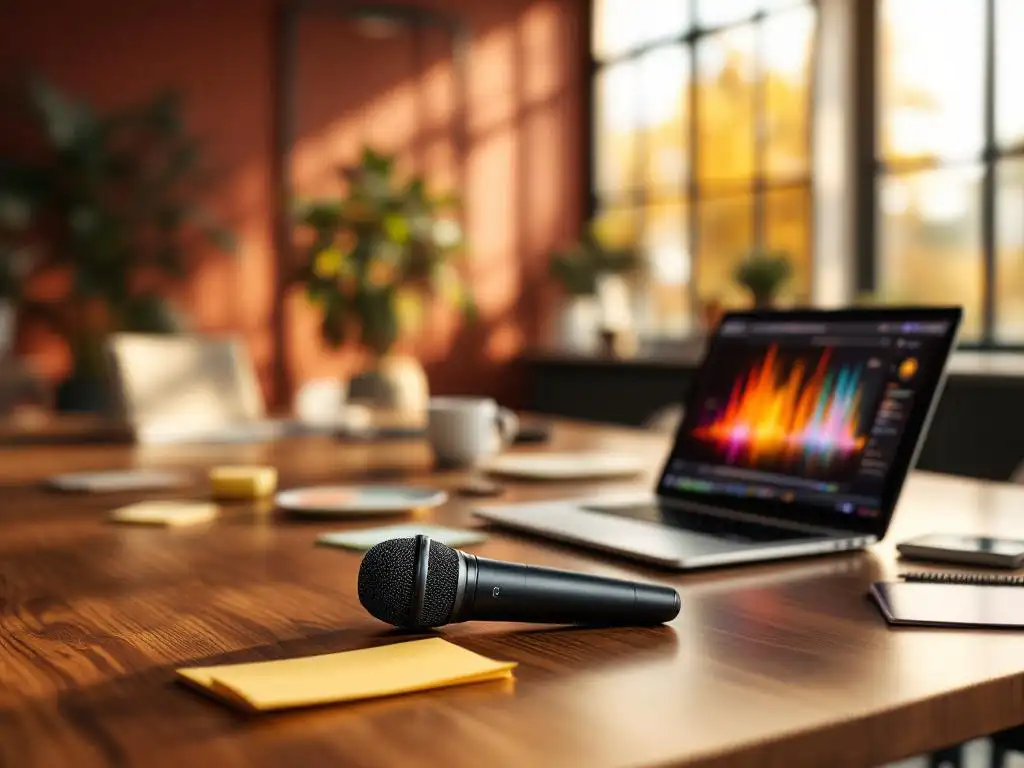 Draadloze microfoon op houten vergadertafel naast laptop met karaoke-interface in moderne kantoorruimte