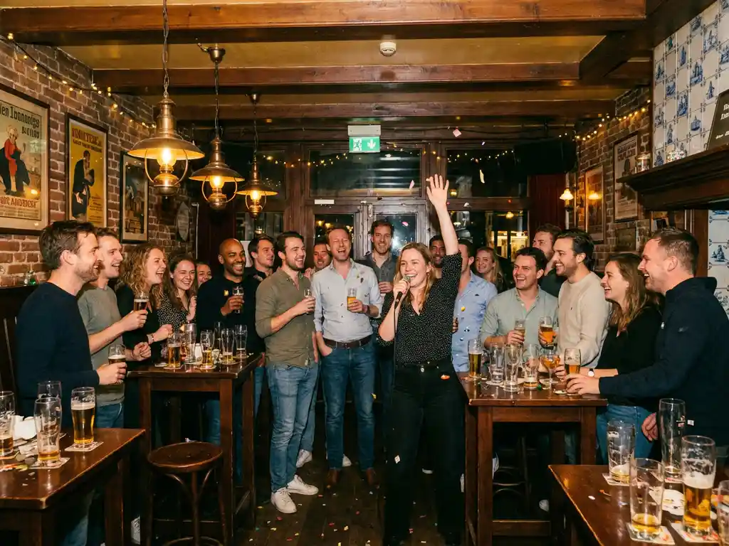 Collega's juichen en lachen rond karaoke podium in gezellige Amsterdamse kroeg met warme verlichting en houten tafels