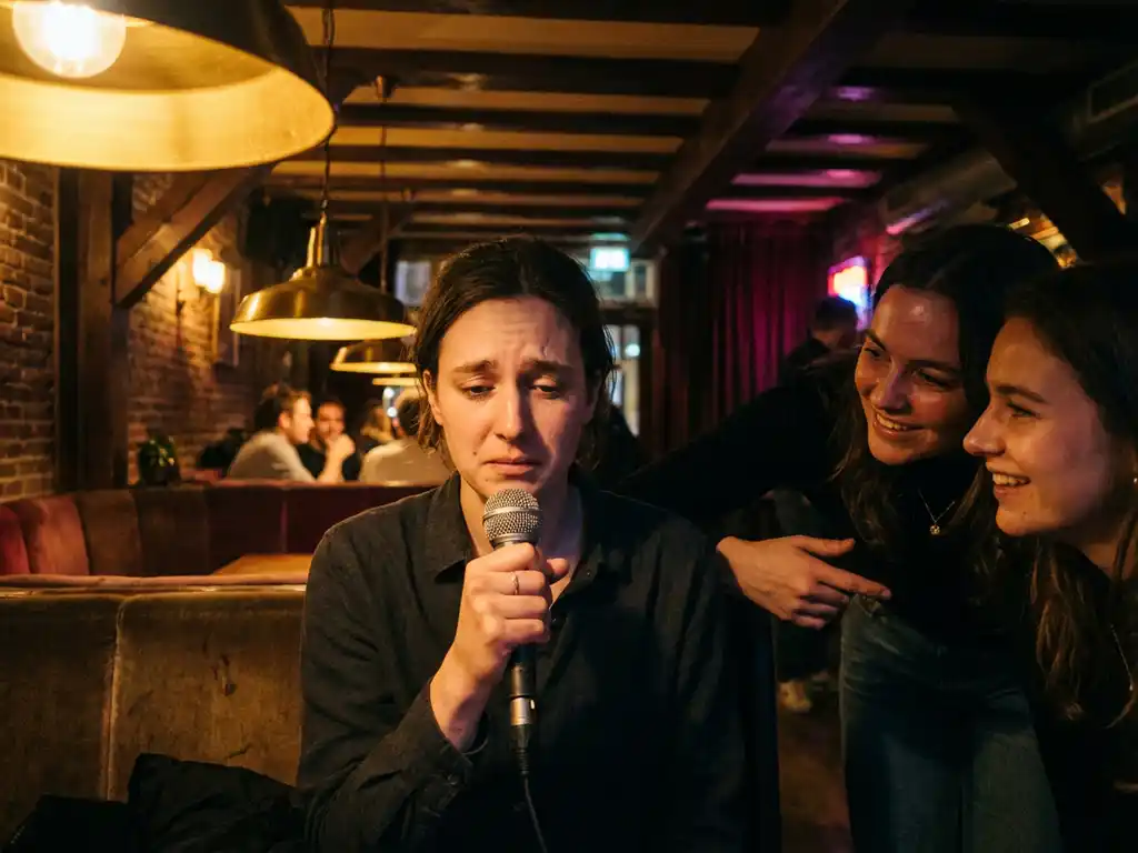 Verlegen persoon houdt microfoon vast terwijl vrienden aanmoedigen in Amsterdamse karaokebar met vintage houten interieur