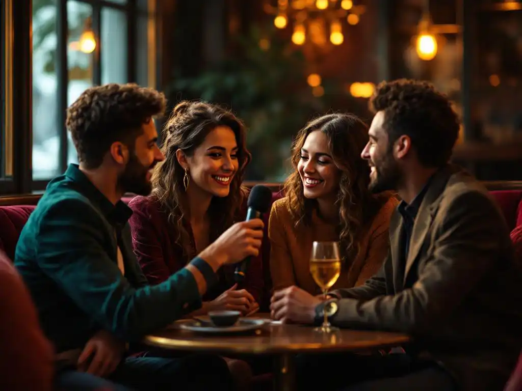 Collega's zingen karaoke samen in luxe Amsterdamse lounge met fluwelen stoelen en warme verlichting