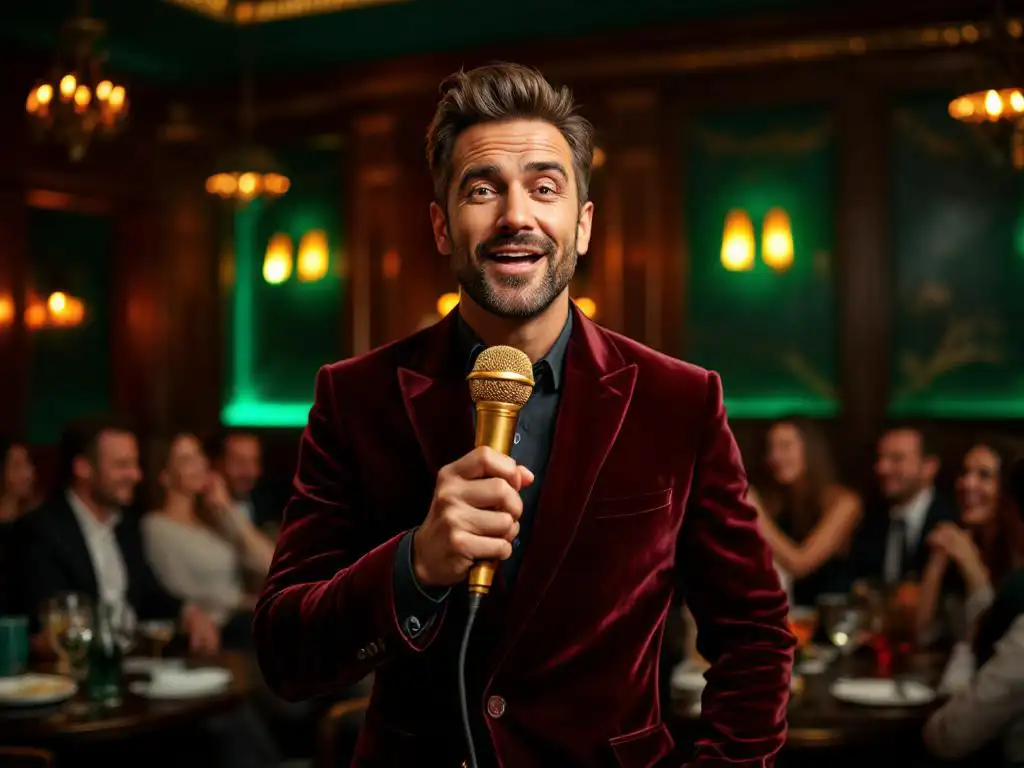 Karaoke host in bordeauxrode blazer met gouden microfoon in elegant zakenfeest met warme verlichting en mahoniehout