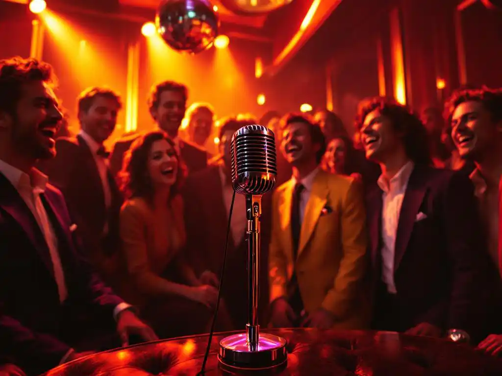 Zakenmensen in neon blazers zingen enthousiast karaoke in luxe jaren 80 lounge met chromen microfoon en discobal
