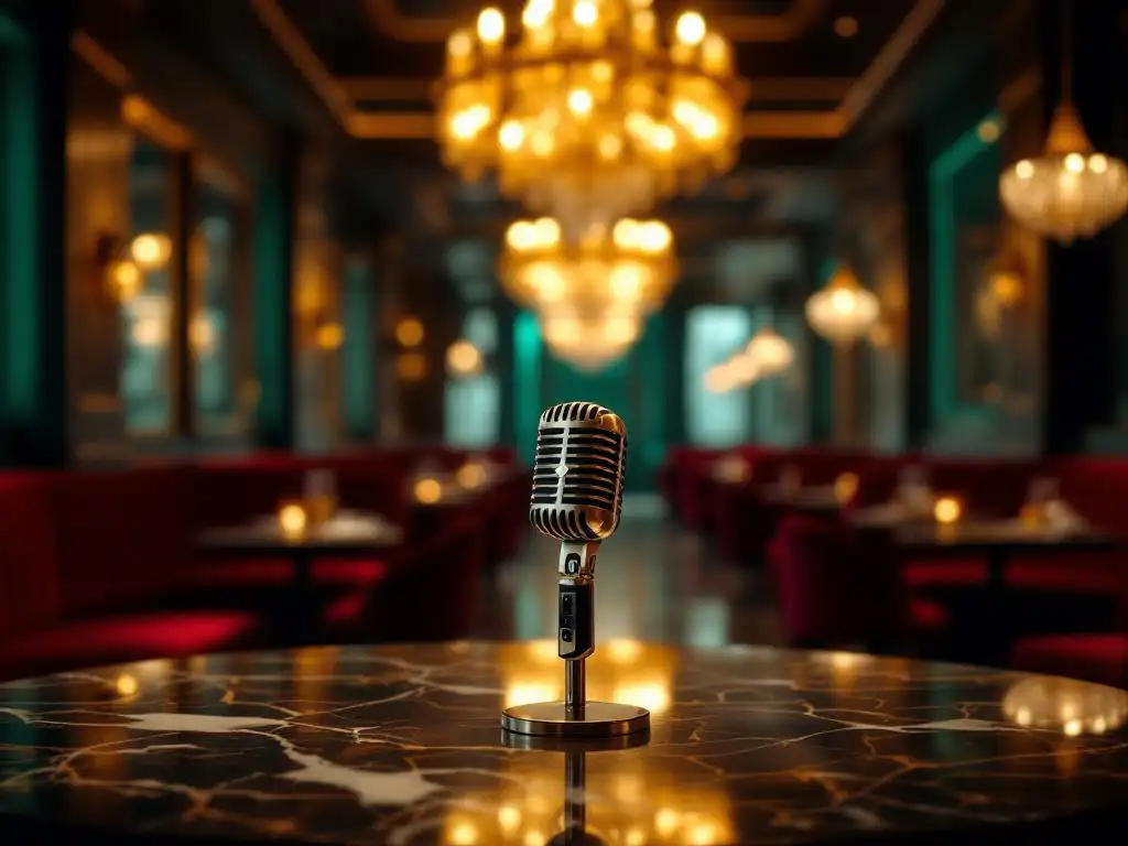 Elegante microfoon op marmeren tafel in luxe karaoke lounge met fluwelen zitplaatsen en warme verlichting