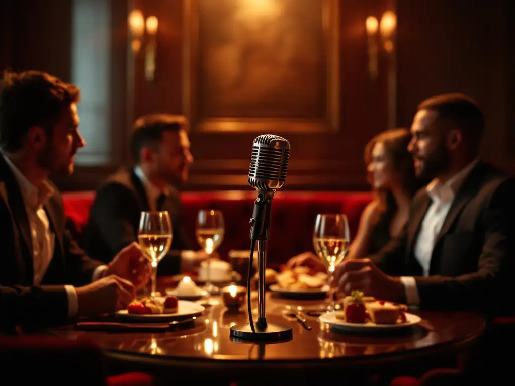 Zakenmensen rond karaokemicrofoon in luxe privékamer met champagne en elegante bediening