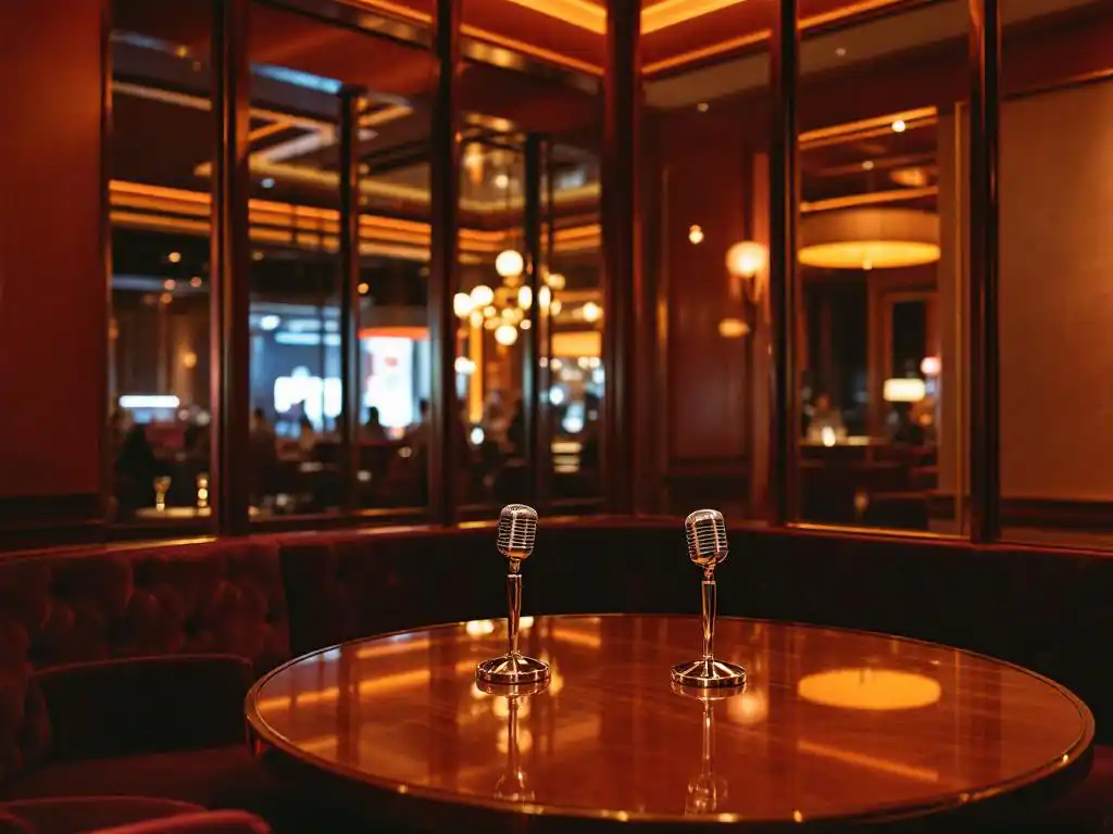Luxe zakelijke karaoke-ruimte met bordeauxrode fluweelzitjes, gouden verlichting en elegante microfoons op mahonie tafel