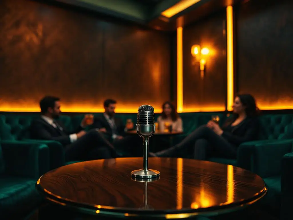 Luxe karaoke-ruimte met smaragdgroene fluwelen stoelen, gouden verlichting en zakenmensen die ontspannen met drankjes