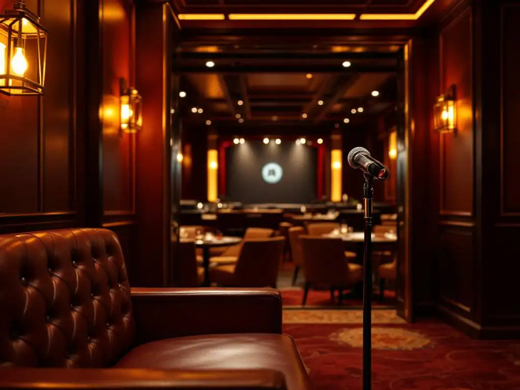 Luxe privé karaoke booth met leren zitbank en microfoon, op de achtergrond een grote zakelijke karaoke zaal met tafels