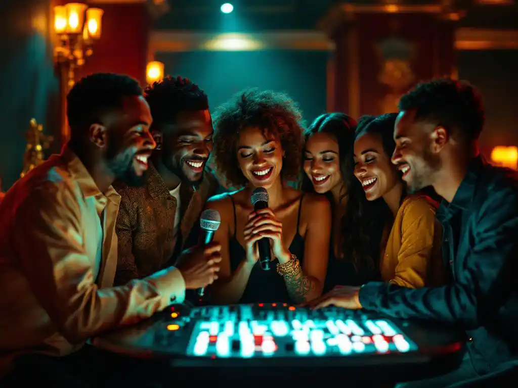Diverse collega's zingen samen karaoke in stijlvolle bar, teambuilding activiteit met warme sfeerverlichting