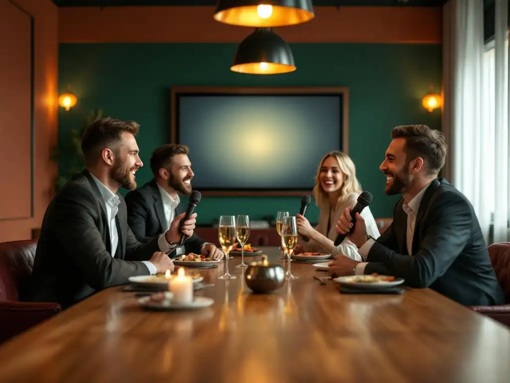 Zakelijke professionals lachen samen met microfoons in moderne conferentieruimte met terracotta muren en warme verlichting