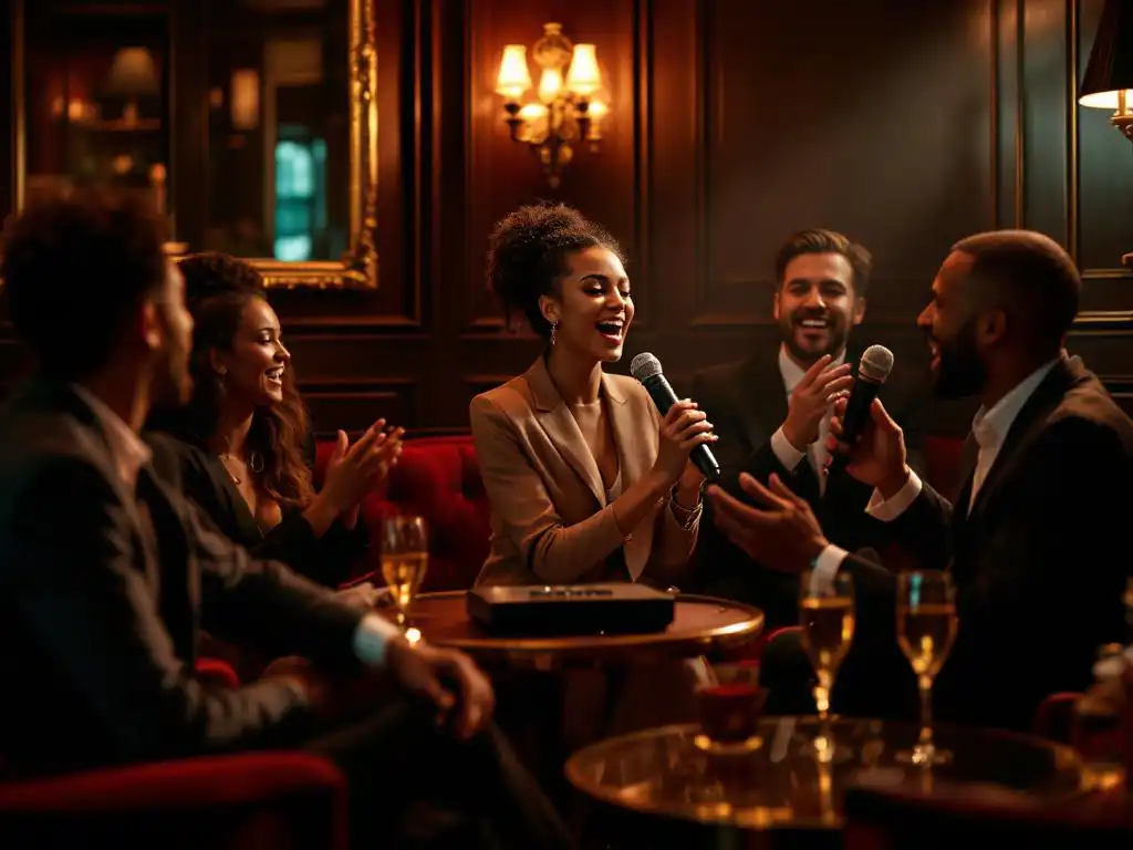 Zakenteam zingt karaoke in luxe lounge, collega's klappen en lachen, warme verlichting en fluwelen meubilair
