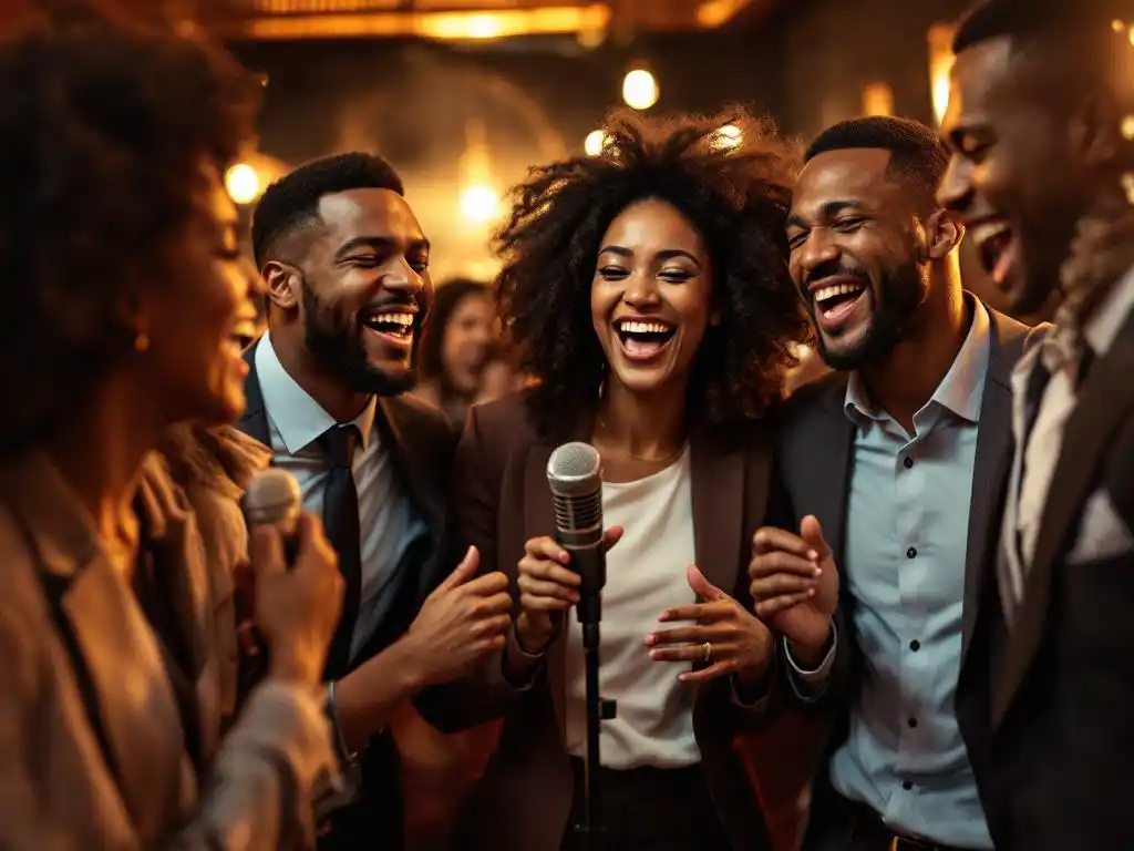 Diverse zakelijke professionals zingen enthousiast samen rond karaoke microfoon in luxe venue tijdens teambuilding
