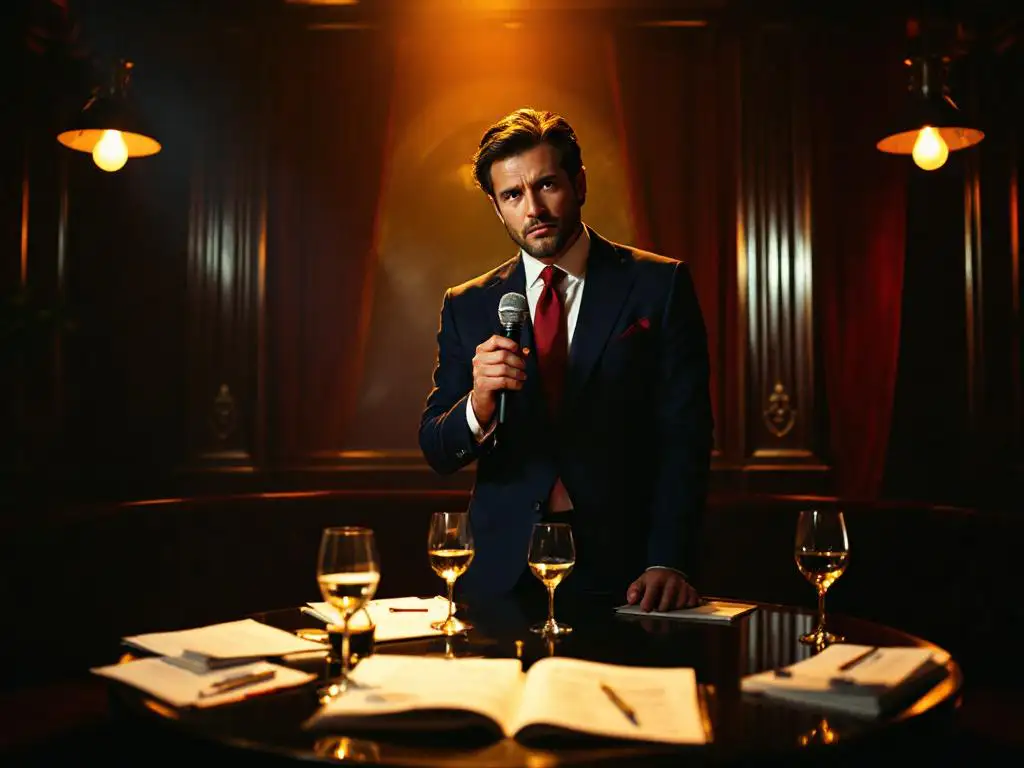 Professionele spreker met microfoon in elegante karaoke lounge tijdens zakelijk evenement met verspreide muziekbladen