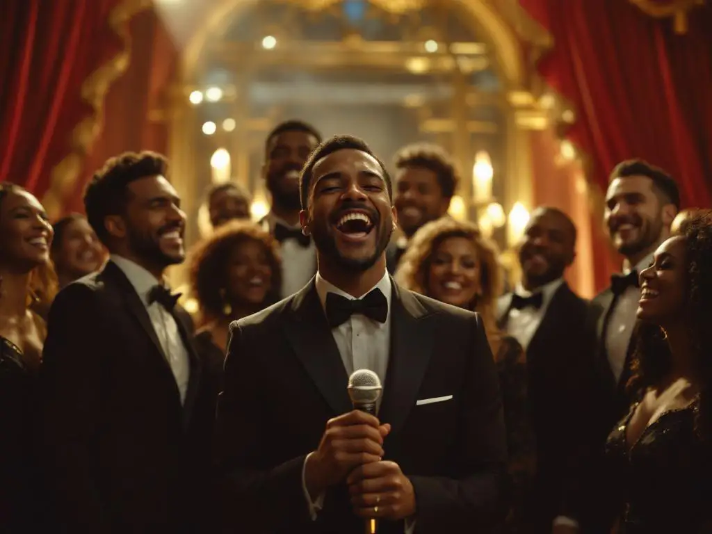Diverse zakenmensen vieren samen op podium, één persoon zingt in microfoon terwijl collega's juichen in elegante ruimte